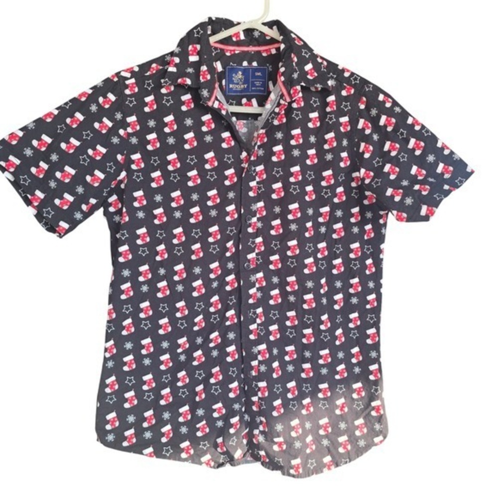 RUGBY UNIVERSITY Men's Short Sleeve Button Down Shirt Christmas Stocking Print S